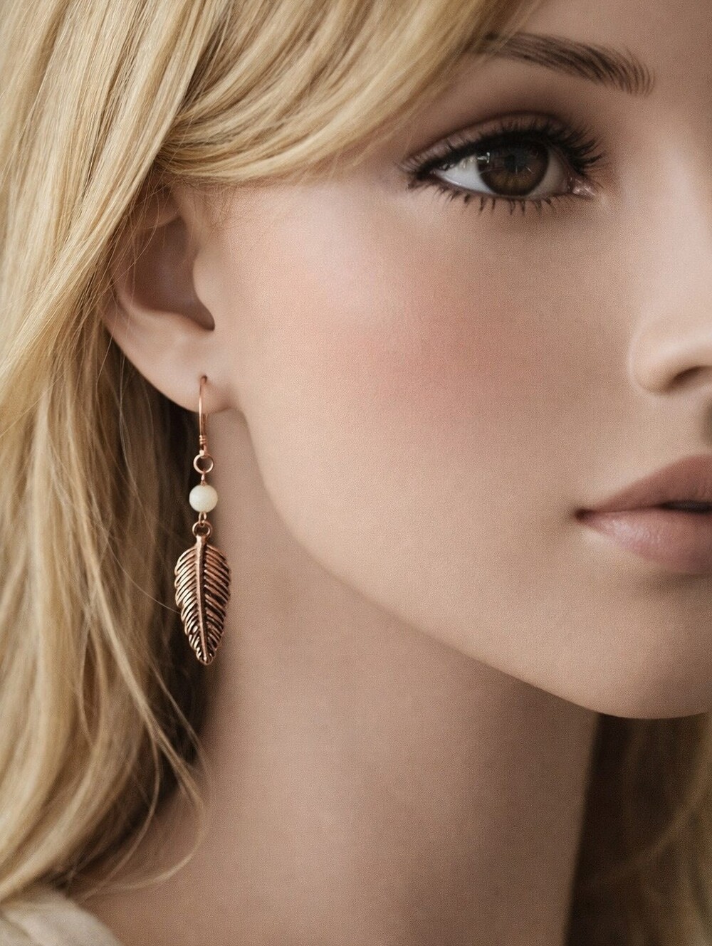 Copper Feather Drop Earrings with Cream Bead – Boho Women’s Fashion Jewelry